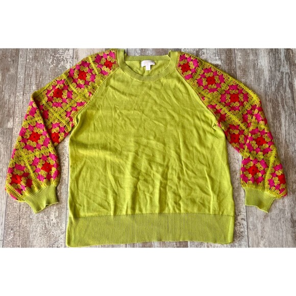 Belle by Kim Gravel Sweaters - Kim Gravel Belle Boho Granny Square Crochet Sleeve Cotton Sweater Lime Green M